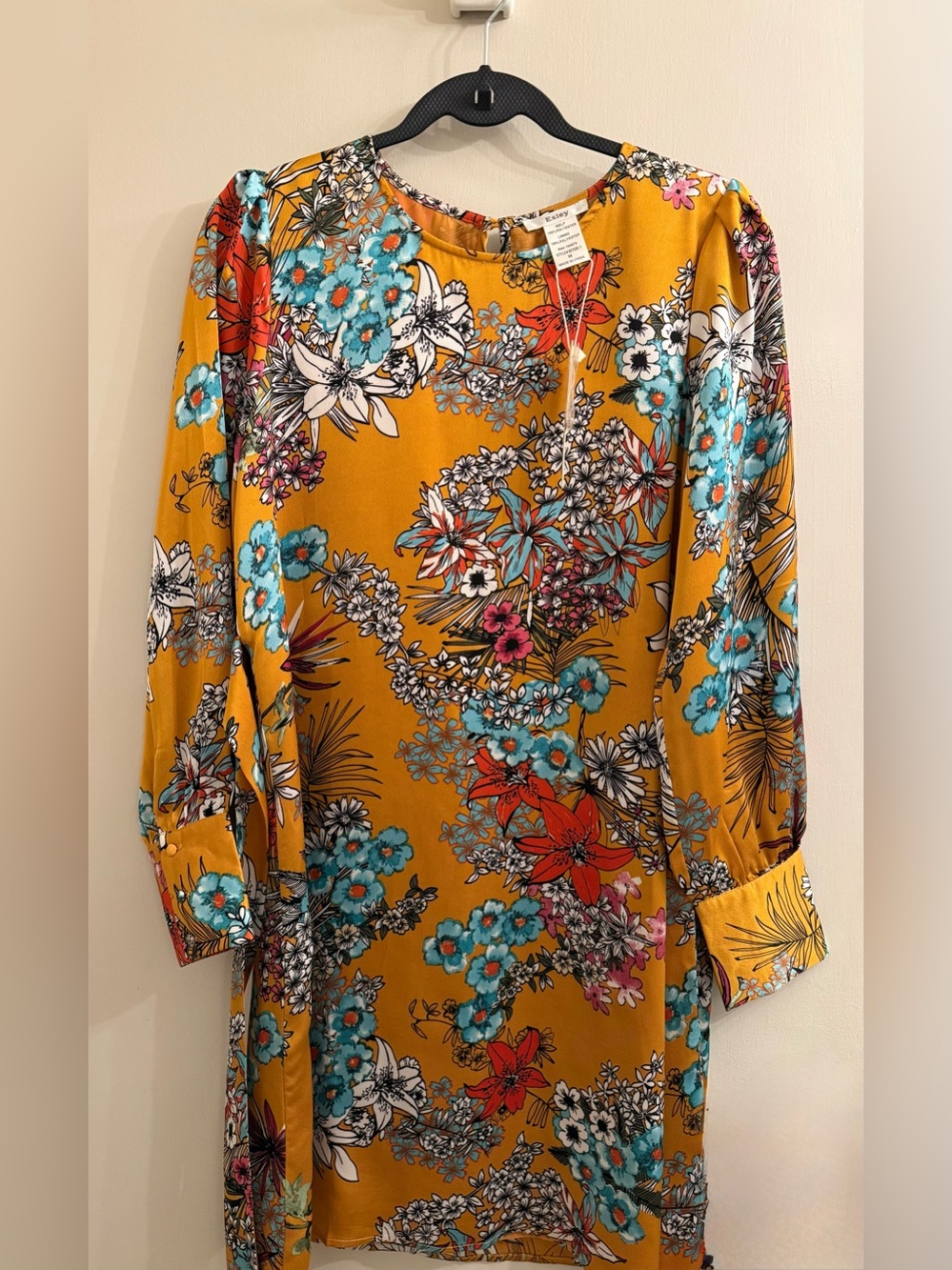 Mustard Yellow Floral Shift Dress with Turquoise & Red Blooms